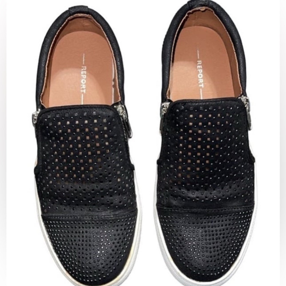 Report Black Perforated and Jeweled Slip-On Sneakers with Zippers - Size 8